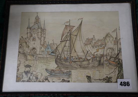 Anton Franciscus Pieck (1895-1987) Harbour scene 18 x 25cm